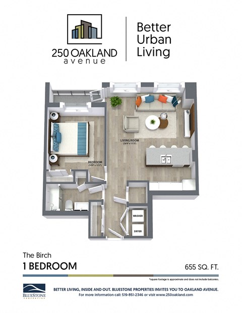 Floor plan for 1 bed, 1 bath, 655 sqft